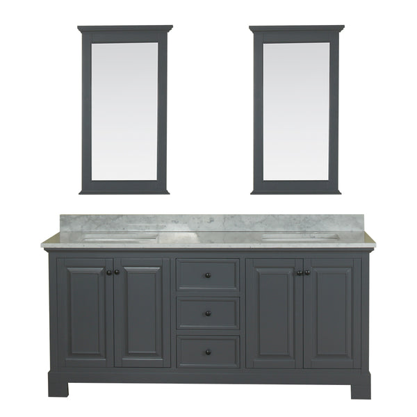 Richmond 72 in Double Bathroom Vanity in Gray with Carrera Marble Top and Mirror