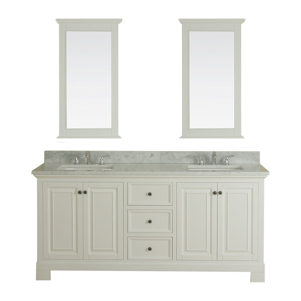 Richmond 72 in Double Bathroom Vanity in White with Carrera Marble Top and No Mirror