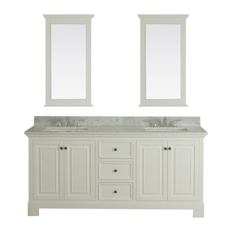 Richmond 72 in Double Bathroom Vanity in White with Carrera Marble Top and Mirror