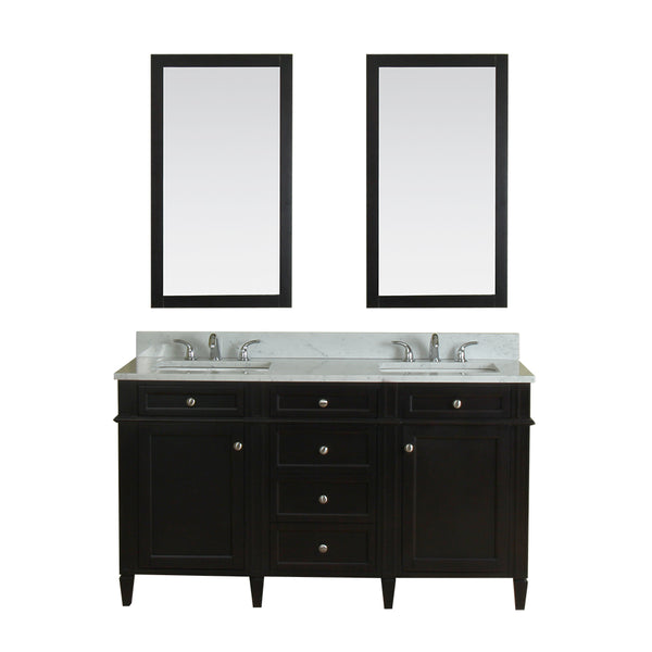 Samantha 60 in Double Bathroom Vanity in Espresso with Carrera Marble Top and Mirror