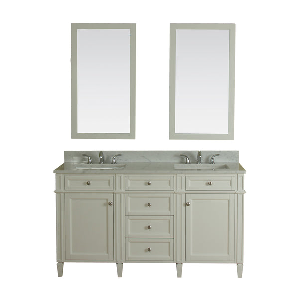 Samantha 60 in Double Bathroom Vanity in White with Carrera Marble Top and No Mirror