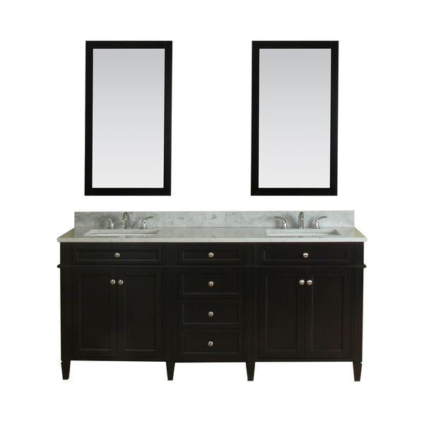 Samantha 72 in Double Bathroom Vanity in Espresso with Carrera Marble Top and No Mirror