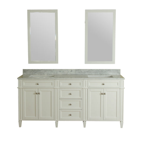 Samantha 72 in Double Bathroom Vanity in White with Carrera Marble Top and No Mirror