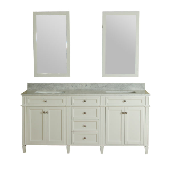 Samantha 72 in Double Bathroom Vanity in White with Carrera Marble Top and Mirror