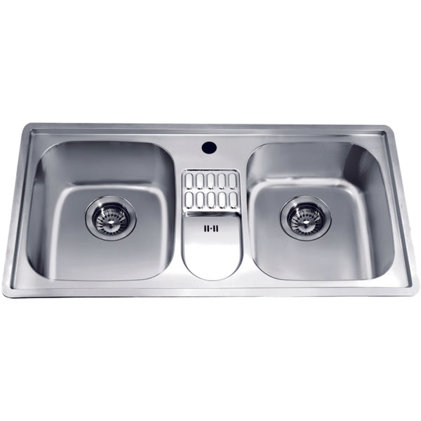 Dawn? Top Mount Equal Double Bowl Sink with Integral Drain Board and One Pre-cut Faucet Hole