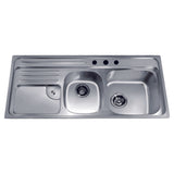 Dawn? Top Mount Double Bowl Sink with Integral Drain Board and Three Pre-cut Faucet Holes (Large Bowl on Right)